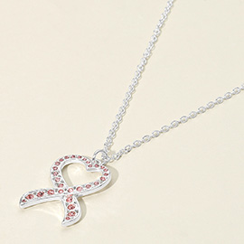 Stone Paved Heart Pink Ribbon Pendant Necklace