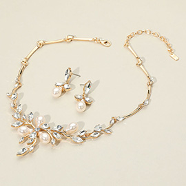 Marquise Stone Cluster Pearl Embellished Leaf Branch Necklace