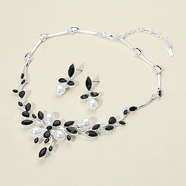 Marquise Stone Cluster Pearl Embellished Leaf Branch Necklace