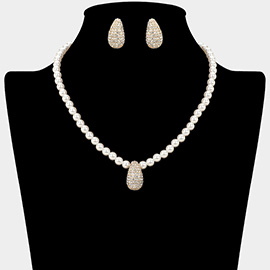Rhinestone Paved Teardrop Pendant Beaded Pearl Necklace