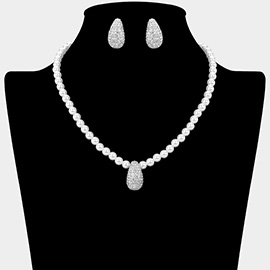 Rhinestone Paved Teardrop Pendant Beaded Pearl Necklace