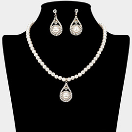 Pearl Accent Rhinestone Paved Teardrop Pendant Pearl Necklace