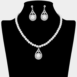 Pearl Accent Rhinestone Paved Teardrop Pendant Pearl Necklace