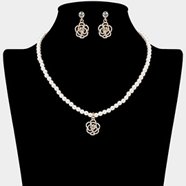 Rhinestone Paved Rose Pendant Pearl Necklace