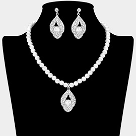 Abstract Rhinestone Paved Pendant Pearl Necklace