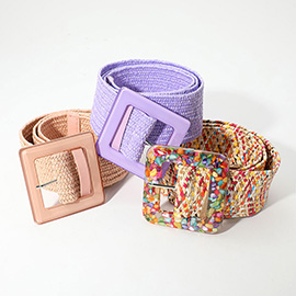 Resin Square Buckle Accent Raffia Adjustable Belt
