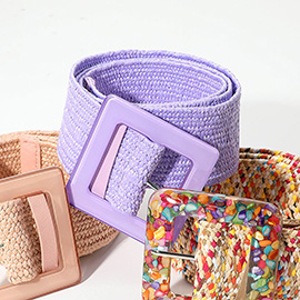 Resin Square Buckle Accent Raffia Adjustable Belt
