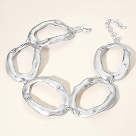 Chunky Brushed Hammered Metal Oval Ring Link Necklace