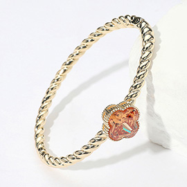 CZ Quatrefoil Stone Accented Twisted Hinged Bangle Bracelet