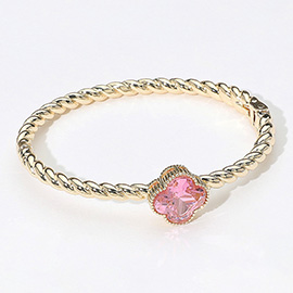 CZ Quatrefoil Stone Accented Twisted Hinged Bangle Bracelet