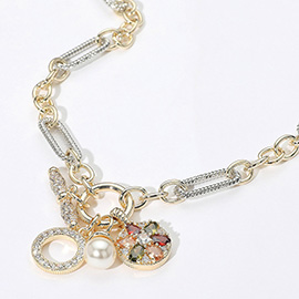 14K Gold Plated Two Tone CZ Stone Paved Pearl Multi Colored Marquise Stone Embellished Disc Charm Pendant Necklace