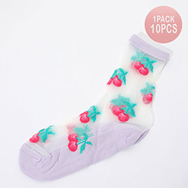 10Pairs - Sheer Cherry Embroidered Patterned Socks