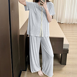 Lace Trim Short Sleeves Top Pants Loungewear Pajama Set
