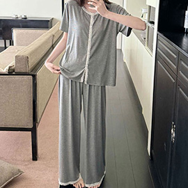 Lace Trim Short Sleeves Top Pants Loungewear Pajama Set