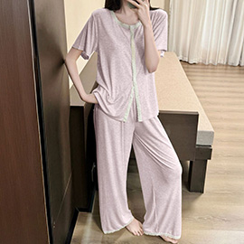 Lace Trim Short Sleeves Top Pants Loungewear Pajama Set
