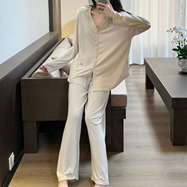 Solid Color Long Sleeves Top Pants Loungewear Pajama Set