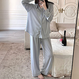 Solid Color Long Sleeves Top Pants Loungewear Pajama Set