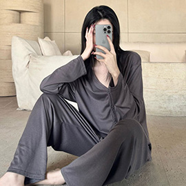 Solid Color Long Sleeves Top Pants Loungewear Pajama Set