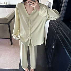 Solid Color Long Sleeves Top Pants Loungewear Pajama Set