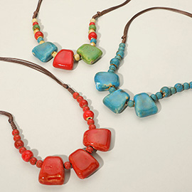 Boho Resin Pebble Beaded Adjustable Cord Necklace