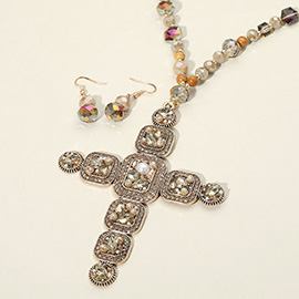 Stone Pearl Embellished Cluster Cross Pendant Faceted Beaded Long Necklace