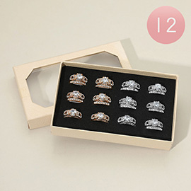 12 SET OF 2 - Round Stone Accent Rhinestone Embellished Pave Ring Set