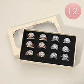 12 SET OF 2 - Round Stone Accent Rhinestone Paved Ring Set