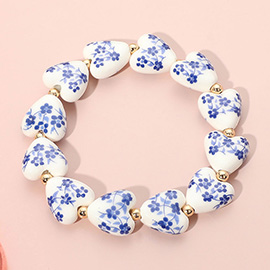 Flower Ceramic Heart Beaded Stretch Bracelet