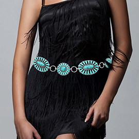 Boho Vintage Western Oval Round Stone Pointed Concho Chain Belt