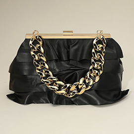 Faux Leather Layered Ruffle Chunky Chain Strap Handle Evening Clutch Bag / Crossbody Bag
