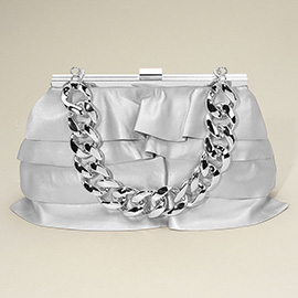 Faux Leather Layered Ruffle Chunky Chain Strap Handle Evening Clutch Bag / Crossbody Bag