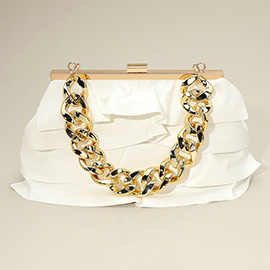 Faux Leather Layered Ruffle Chunky Chain Strap Handle Evening Clutch Bag / Crossbody Bag