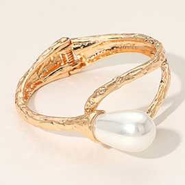 Pearl Accent Hammered Metal Hinged Bangle Bracelet