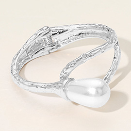 Pearl Accent Hammered Metal Hinged Bangle Bracelet