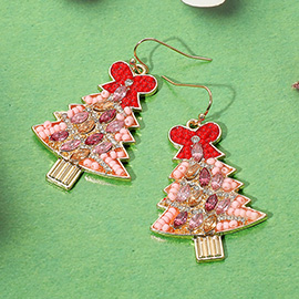 Marquise Stone Seed Bead Bow Detailed Christmas Tree Dangle Earrings