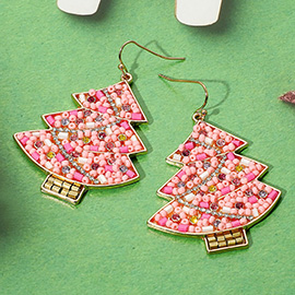 Stone Seed Bead Detailed Christmas Tree Dangle Earrings