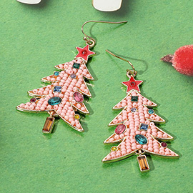 Marquise Stone Seed Bead Star Detailed Christmas Tree Dangle Earrings