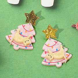 Glittered Star Pink Christmas Tree Cat Earrings
