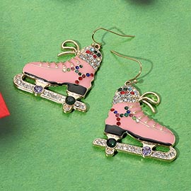 Stone Detailed Ice Skate Holiday Winter Dangle Earrings
