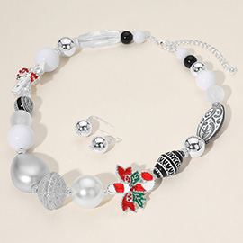 Stone Detailed Enamel Christmas Bow Candy Cane Charm Peal Engraved Beaded Necklace