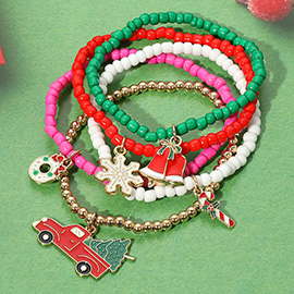 5PCS - Christmas Tree Truck Wreath Snowflake Candy Cane Charm Stretch Beaded Multi Layered Bracelets