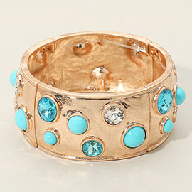 Gemstone Studded Wide Bangle Statement Stretch Bracelet