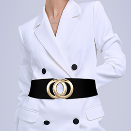 Double Metal Ring Buckle Accent Wide Elastic Waist Belt