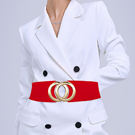 Double Metal Ring Buckle Accent Wide Elastic Waist Belt