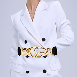 Double Metal Ring Chain Buckle Accent Elastic Waist Belt
