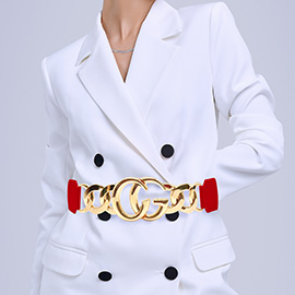 Double Metal Ring Chain Buckle Accent Elastic Waist Belt