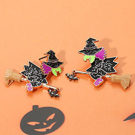 Glittered Enamel Halloween Witch Broomstick Bat Earrings