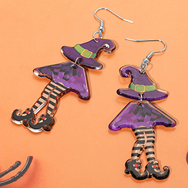 Halloween Witch Hat Striped Tights Leg Dangle Earrings