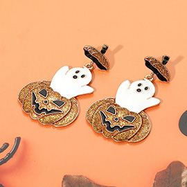 Glittered Enamel Halloween Ghost Pumpkin Dangle Earrings