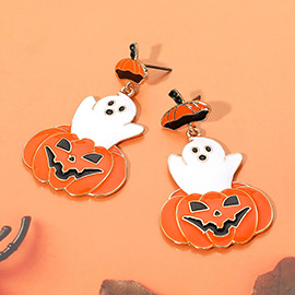 Glittered Enamel Halloween Ghost Pumpkin Dangle Earrings